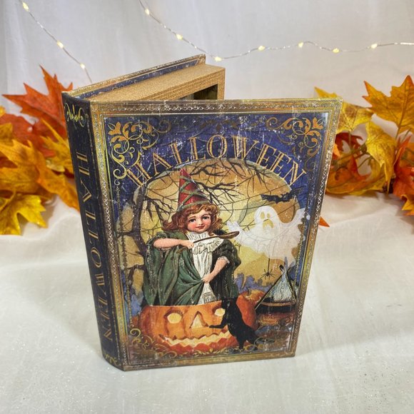 Faux Halloween Retro Vintage Style Book Witch Black Cat Jack O Lantern Potion - Picture 1 of 4